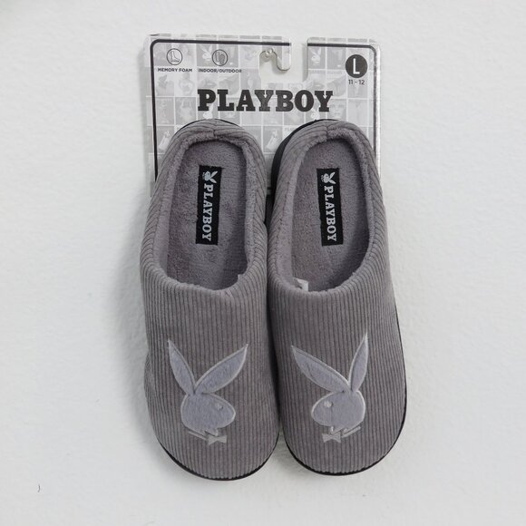Playboy plush teddy Gray Corduroy slides Slippers Size L 11-12 - Picture 2 of 7